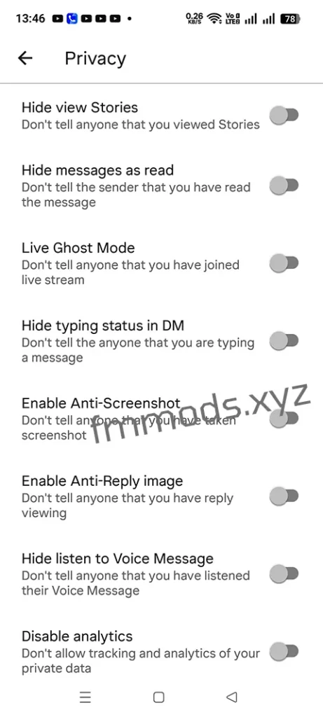 Insta Pro Privacy Settings Menu