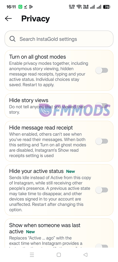 InstaGold Ghost Mode Settings Screenshot